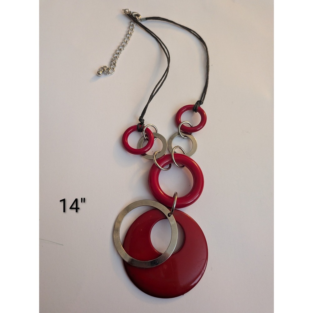 Red Silver Geometric Ring Statement Necklace Black Cord Multi Strand Bold Resin